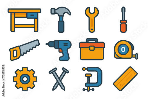 Workshop tools flat icon set. featuring workbench, hammer, wrench, screwdriver, saw, drill, toolbox, and more