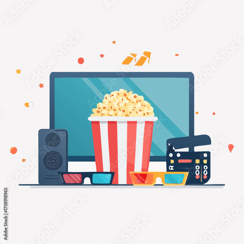 Immersive home entertainment setup illustration for a perfect movie night. Features a large screen, classic popcorn, sound system, and film-watching accessories
