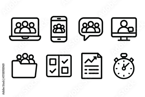 Teamwork and productivity linear icon set. featuring group, mobile, chat, desktop, archive, checklist, analytics, timer