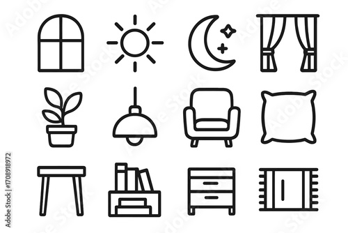 Home decor linear icon set. featuring window, sun, moon, curtains, plant, lamp, chair, pillow, stool, bookshelf, dresser, rug