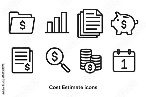 Finance linear icon set. featuring folder, chart, documents, piggy bank, magnifier, coins, and calendar