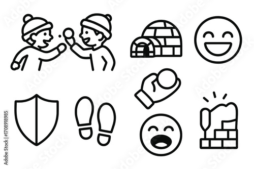 Winter activities silhouette icon set. featuring snowball fight, igloo, smiley, shield, footprints, mittens, wall