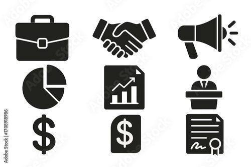 Business silhouette icon set. featuring briefcase, handshake, megaphone, chart, graph, speaker, dollar, contract