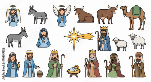 Christmas icon cartoon nativity scene illustration with mary joseph jesus angels and three wise men for christmas holiday season vector