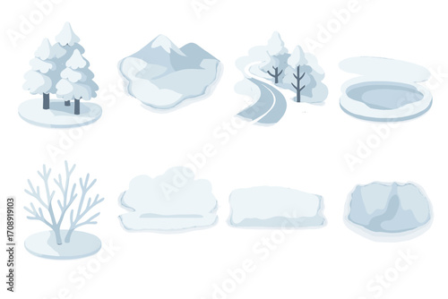 Winter landscape silhouette icon set. featuring forest, mountain, road, pond, tree, cloud, mist