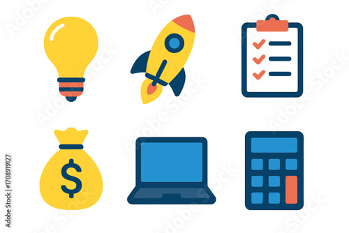 Business startup silhouette icon set. featuring lightbulb, rocket, checklist, moneybag, laptop, calculator symbols