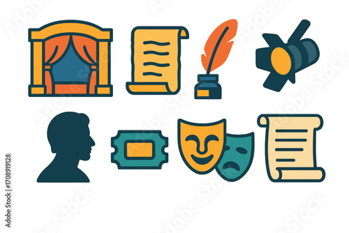 Theater silhouette icon set. featuring stage, script, quill, spotlight, playwright, ticket, masks