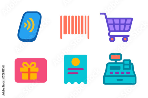 Shopping and payment icon set. silhouette style featuring checkout, list, cart, payment, package, wifi, and receipt icons.