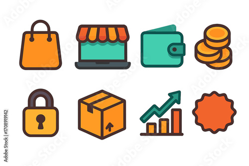 E-commerce flat icon set. featuring shopping bag, storefront, wallet, coins, lock, package, growth chart, badge