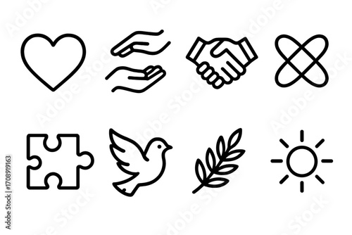 Peace and harmony silhouette icon set. featuring heart, hands, handshake, unity, puzzle, dove, olive branch, and sun symbols