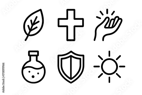Nature and wellness silhouette icon set. featuring leaf, cross, hand, flask, shield, and sun symbols