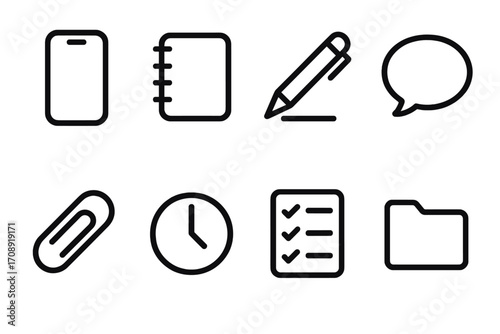 Office tools silhouette icon set. featuring phone, notebook, pencil, chat, paperclip, clock, checklist, folder