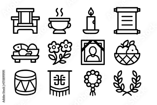 Asian culture linear icon set. featuring temple, tea, candle, scroll, food, flowers, portrait, fruit, drum, banner, wreath, laurel