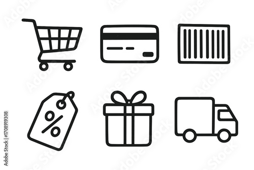 Shopping and delivery silhouette icon set. featuring cart, credit card, barcode, discount, gift, truck