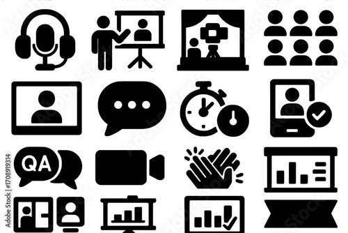 Virtual meeting silhouette icons set. featuring microphone, presentation, video call, and chat symbols