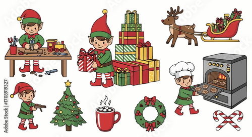 Christmas icon christmas elves preparing gifts and treats a festive holiday scene with reindeer and christmas tree art vector