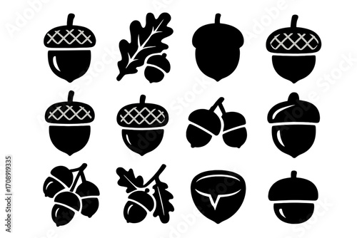 Autumn nature silhouette icon set. featuring acorn and oak leaf symbols