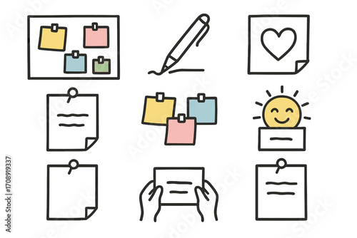 Sticky notes linear icon set. featuring memo, pen, heart, notes, smiley face, paper symbols