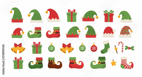 Christmas icon christmas elf hats boots gifts bells ornaments and stockings holiday season festive vector illustration vector