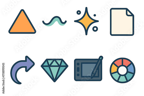 Design tools linear icon set. featuring triangle, wave, sparkle, document, arrow, diamond, tablet, color wheel