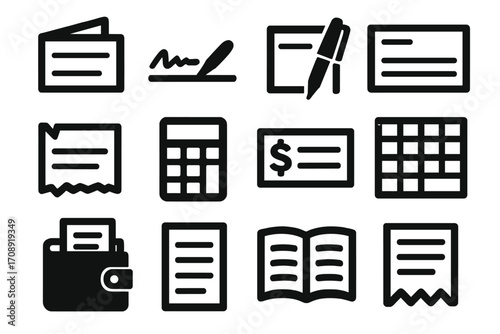 Finance management silhouette icon set. featuring checkbook, receipt, calculator, wallet, and invoice symbols