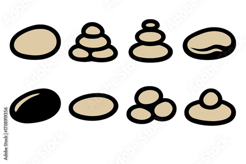 Zen stones flat icon set. featuring stacked stones, pebbles, and meditation symbols