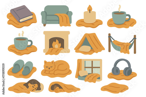 Cozy lifestyle flat icon set. featuring book, armchair, candle, coffee, fireplace, tent, hammock, slippers, cat, window, headphones, blanket