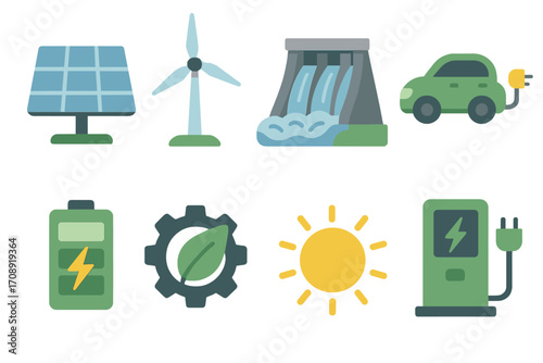 Renewable energy flat icon set. featuring solar panel, wind turbine, hydro power, electric car, battery, eco gear, sun, and charging station