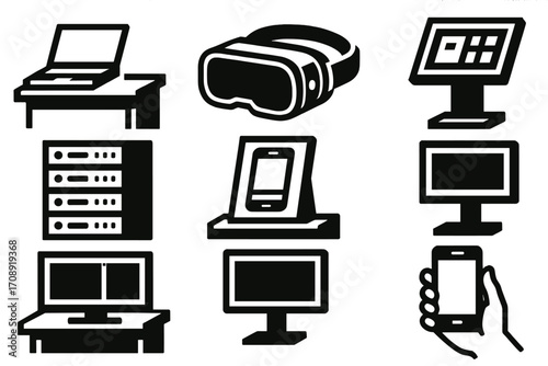 Technology devices silhouette icon set. featuring laptop, vr headset, server, smartphone, monitor, kiosk