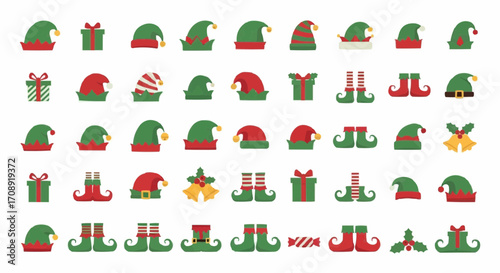 Christmas icon christmas elf hats and shoes vector set, holiday gift boxes, christmas bells, xmas elf costume elements design vector