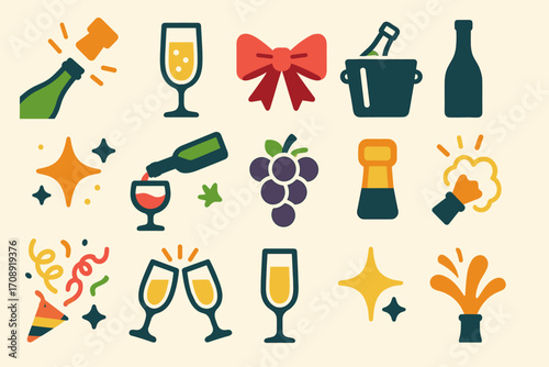 Celebration elements flat icon set. featuring champagne, glasses, ribbon, grapes, sparkles, and confetti