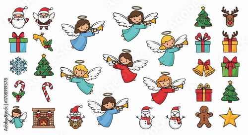 Christmas icon download christmas holiday season vector art with santa angel tree gift bells and snowman for free use vector