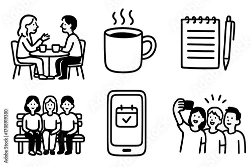 People activities silhouette icon set. featuring conversation, coffee, notebook, friends, schedule, selfie.