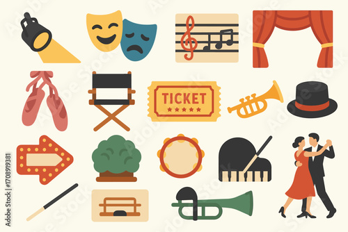 Entertainment and theater flat icon set. featuring spotlight, masks, music note, curtain, ballet shoes, ticket, and dance