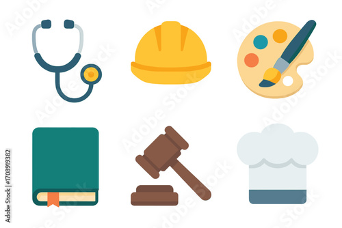 Professions flat icon set. featuring healthcare, construction, art, law, and culinary symbols