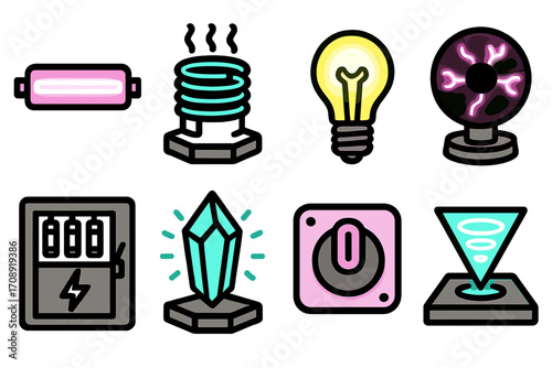 Science equipment silhouette icon set. featuring light, coil, bulb, plasma, battery, crystal, switch, and funnel