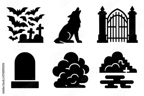 Halloween silhouette icon set. featuring bats, wolf, gate, tombstone, clouds, and mist symbols