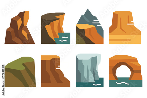 Geology flat icon set. featuring canyon, rock, cliff, mountain, stone, ice, arch, coastal, and landform symbols