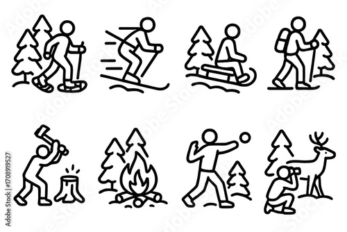 Winter activities silhouette icons set. featuring snowshoeing, skiing, sledding, hiking, wood chopping, campfire, snowball, and wildlife watching