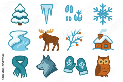 Winter elements flat icon set. featuring tree, icicle, footprints, snowflake, river, moose, berries, cabin, scarf, wolf, mittens, owl