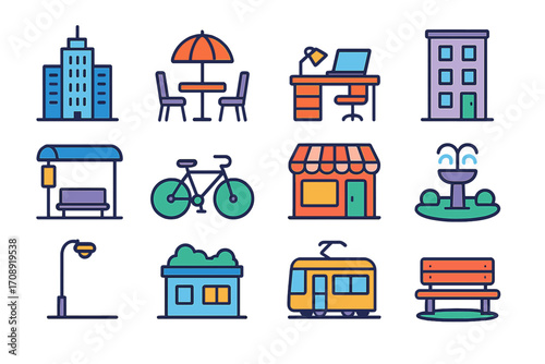Urban life linear icon set. featuring building, cafe, office, apartment, bus stop, bike, shop, park, lamp, house, tram, bench.