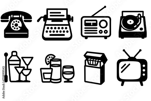 Retro devices silhouette icon set. featuring telephone, typewriter, radio, record player, cocktails, tv