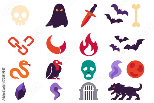 Halloween silhouette icon set. featuring skull, ghost, dagger, bone, bats, snake, vulture, mask, and wolf symbols
