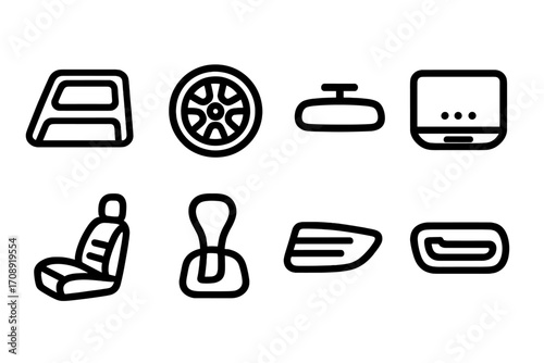Car interior silhouette icon set. featuring armrest, seat, wheel, rearview, gearbox, pedal, and infotainment symbols