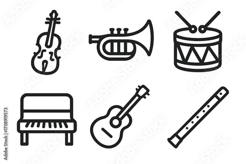 Music instrument silhouette icon set. featuring violin, trumpet, drum, piano, guitar, and flute symbols