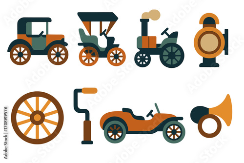 Vintage vehicles flat icon set. featuring tractor, lantern, car, wheel, crank, horn, and caboose