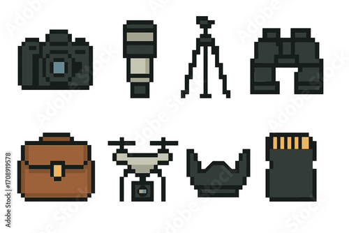 Photography equipment flat icon set. featuring camera, lens, tripod, binoculars, bag, drone, stabilizer, memory card