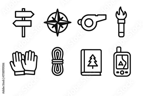 Outdoor adventure linear icon set. featuring map, compass, whistle, torch, gloves, rope, book, gps