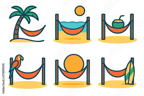 Beach holiday flat icon set. featuring hammock, palm tree, sun, ocean, coconut, parrot, surfboard