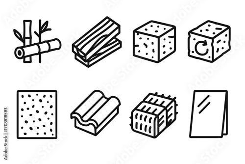 Eco materials linear icons set. featuring bamboo, wood, cork, recycled, stone, tile, straw, mirror